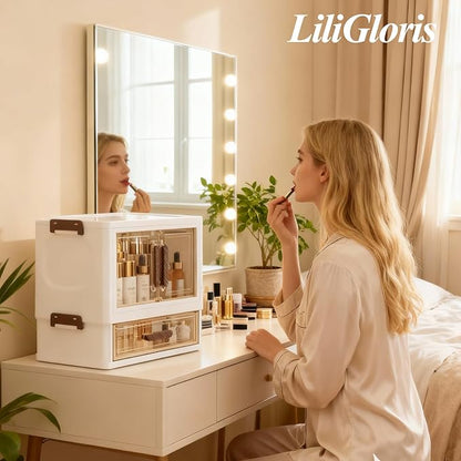 A stackable desktop organizer with drawers and compartments, ideal for storing cosmetics, beauty tools, jewelry, and school supplies in a student dorm. Features a convenient magnetic door handle.