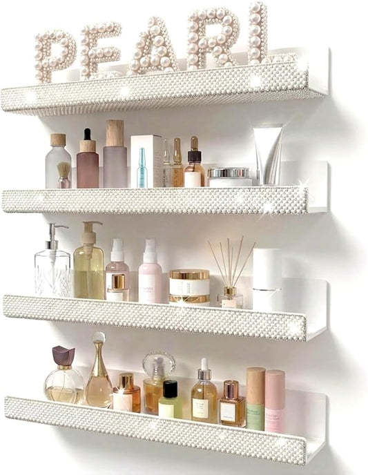 4 Pack 15 Inch Nail Polish Wall Rack，Pearls Crystal Rhinestone Acrylic Nail Polish Organizer，Sunglasses Essential Oil Picture Display Storage Wall Shelf