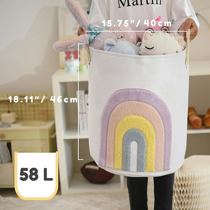 Pink Baby Hamper, XL Canvas 58L Laundry Basket with Drawstring Closure, Boho Rainbow Decor