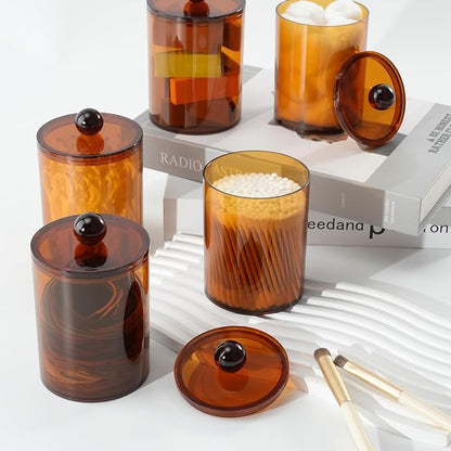 XIPENGKEJI 4 Pack Qtip Holder,Canister Apothecary Jar Set, Bathroom Jars with Lids Set for Cotton Swabs, Balls, Pads, Floss Picks,10oz-12oz Plastic Canisters Restroom Bedroom Vanity Organizer(Brown)