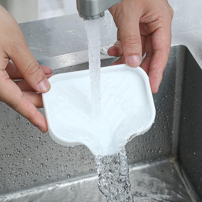 MicoYang Silicone Bathroom Soap Dishes with Drain Spout-Bathroom and Kitchen Sink Organizer,Sponge Holder,Dish Soap Tray,Perfect for Dispenser,Scrubber,Bottle,Cup on Sink or Counter-White 4.9"×3.2"