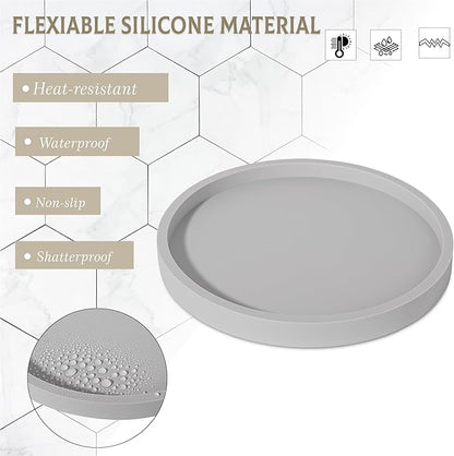 Silicone Bathroom Tray Round Vanity Tray Decorative Soap Holder Kitchen Countertop Organizer Coffee Table Decor for Candle, Perfume, Plant, 9 Inch, Light Grey
