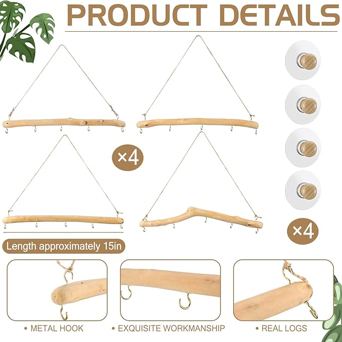 Chunful 4 Pcs 15 Inch Driftwood Wall Hanging Jewelry Hanger Rustic Wood Logs Hanging Branch Decor with 5 Hooks Natural Driftwood Decorative Branches Farmhouse Wooden Hook Mounted