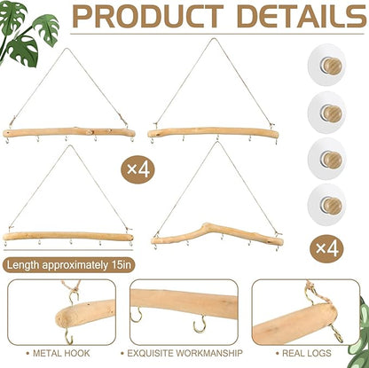 Chunful 4 Pcs 15 Inch Driftwood Wall Hanging Jewelry Hanger Rustic Wood Logs Hanging Branch Decor with 5 Hooks Natural Driftwood Decorative Branches Farmhouse Wooden Hook Mounted