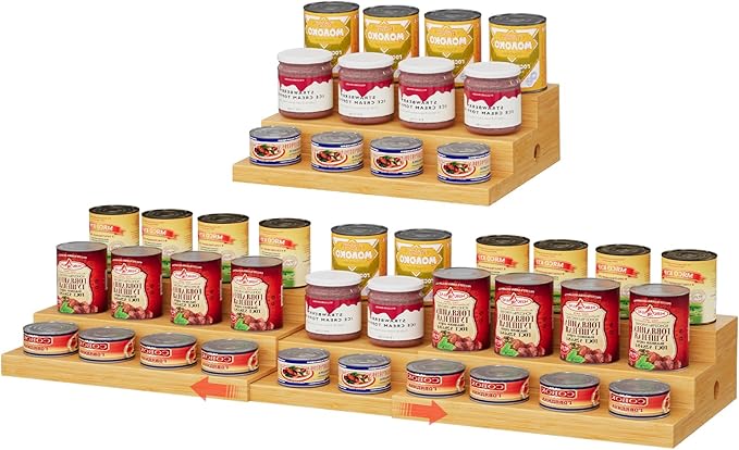 3-Tier Extra-Long Expandable Bamboo Can Rack for Pantry – Adjustable Pantry Can Organizer, Large Capacity Holds up to 45 Cans, Pantry Shelf & Countertop Storage (Patent Pending)