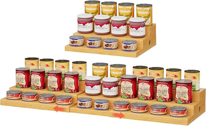 3-Tier Extra-Long Expandable Bamboo Can Rack for Pantry – Adjustable Pantry Can Organizer, Large Capacity Holds up to 45 Cans, Pantry Shelf & Countertop Storage (Patent Pending)