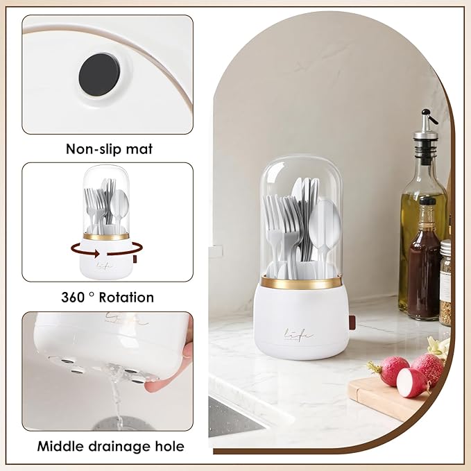 EXIN DECHEN 360° Rotation Silverware Organizer for Kitchen Counter,Utensil Holder Caddy Silverware Caddy Holder for Party,Spoon and Fork Organizer,7 Slots and Intermediate Drainage Device with Cover