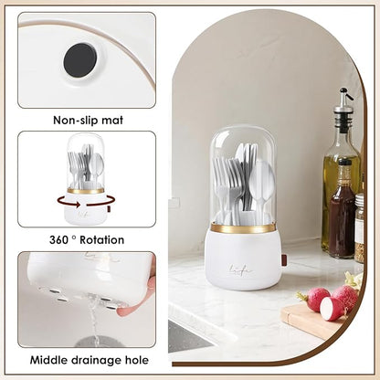 EXIN DECHEN 360° Rotation Silverware Organizer for Kitchen Counter,Utensil Holder Caddy Silverware Caddy Holder for Party,Spoon and Fork Organizer,7 Slots and Intermediate Drainage Device with Cover