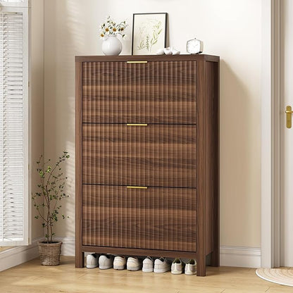YOMILUVE Shoe Cabinet Storage for Entryway, Fluted Shoe Cabinet with 3 Flip Drawers, Hidden Shoe Rack Tall Freestanding Shoe Organizer with Legs for Hallway, Walnut