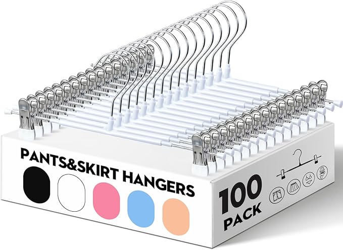 HUADYMEET 100 Pack 14Inch Pants Hangers with Clips,Metal Trouser Hanger for Jeans.Space Saving Skirt Hangers Heavy Duty Non-Slip Adjustable Clothes Shorts Hanger for Women,Men,White