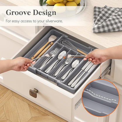 Lifewit Silverware Drawer Organizer, Expandable Utensil Tray for Kitchen, BPA Free Flatware and Cutlery Holder, Adjustable Plastic Storage for Spoons Forks Knives, 8.5-14 x 12", Gray