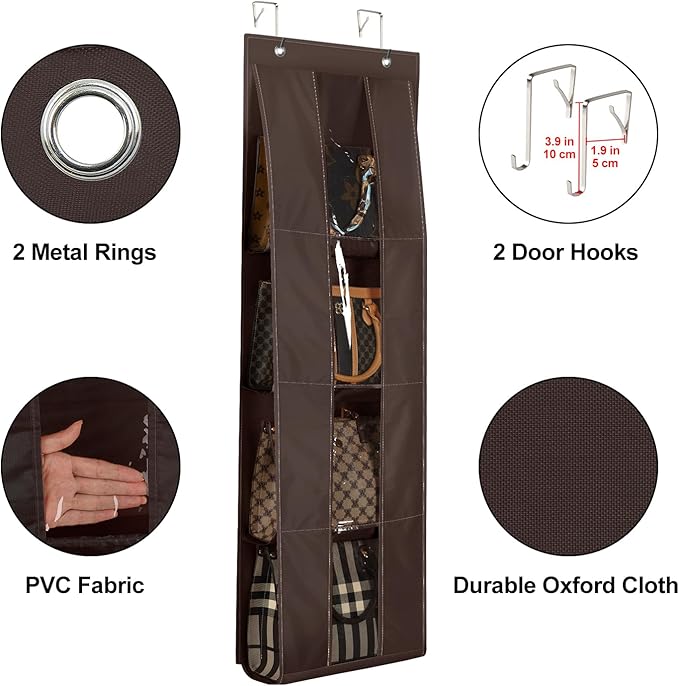 Lirex Over the Door Purse Organizer, Handbag Storage with 4 Clear Pockets Foldable, for Purses, Scarves, Clothing, and Leggings, Hanging Closet Organizer, Brown