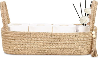 ABenkle XL Small Storage Basket, Jute Rope Woven Toilet Paper Tray Organizer for Toilet Tank Top, Boho Bathroom Decor Holder for Shelf Bedroom Living Room -16x6x4 Inches