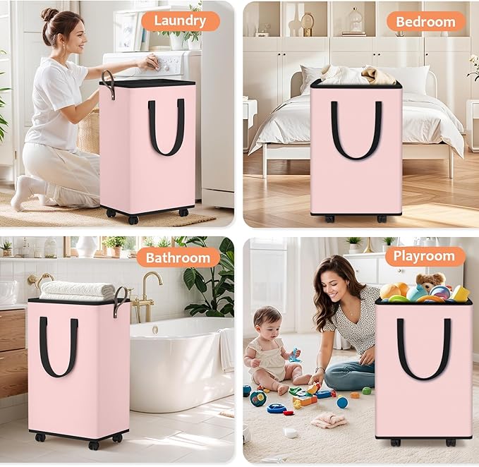 SpaceTrove Laundry Basket with Wheels, Collapsible Laundry Baskets, Laundry Hamper with Handles Detachable Wheels, Rolling Laundry Basket, Dirty Clothes Hamper for Bathroom, Dorm, Bedroom, Pink, 100L