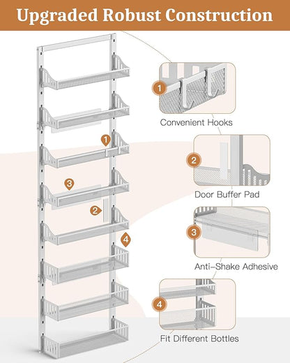 POKIPO Over the Door Pantry Organizer 8-Tier, Large Metal Door Spice Rack with Adjustable Basket, 2 in 1 Wall Mount or Hanging Heavy-Duty Pantry Door Storage Shelf for Kitchen and Bathroom, White