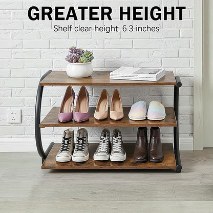 C-Shaped 3-Tier Shoe Rack with Metal Frame & Adjustable Feet - Compact Organizer for Entryway, Closet, Hallway (Holds 11 lbs/Shelf)