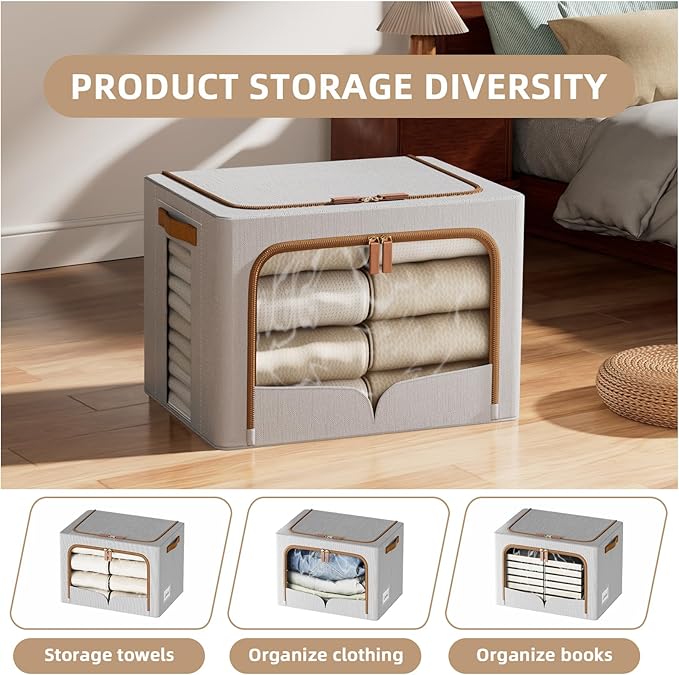 FHSQX 6 Pack Clothes Storage Bins - Foldable Storage Bins for Clothes Fabric Storage Box with Metal Frame (Light Grey, 16.5x12.2x12.2 inch)