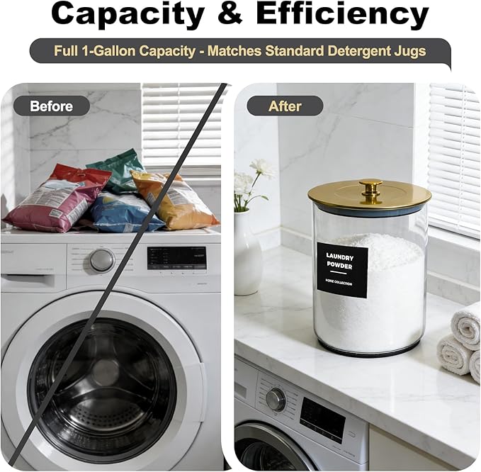 2 Pack 1 Gallon Glass Laundry Detergent Dispenser for Powder, 4L Large Laundry Pods Holder with Hygienic Plastic Lids & Metal Rim, Airtight Glass Canister Set with Scoops & Labels (Gold)