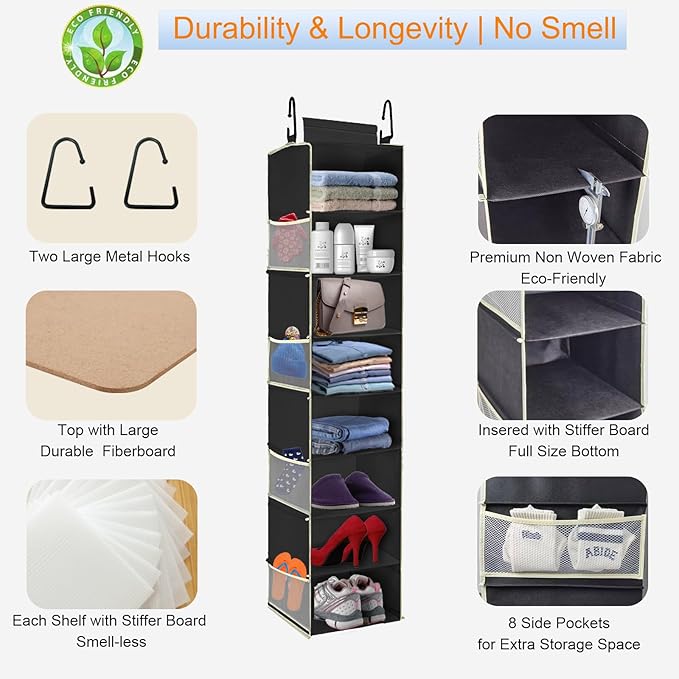 Large-Sized Hanging Shoe Organizer 8-Shelf, Hanging Closet Organizer with 8 Side Pockets, Wider Hanging Shelves for Storage Shoes Clothes 9" W × 11.8" D× 48" H, Black.