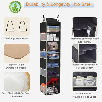Large-Sized Hanging Shoe Organizer 8-Shelf, Hanging Closet Organizer with 8 Side Pockets, Wider Hanging Shelves for Storage Shoes Clothes 9" W × 11.8" D× 48" H, Black.