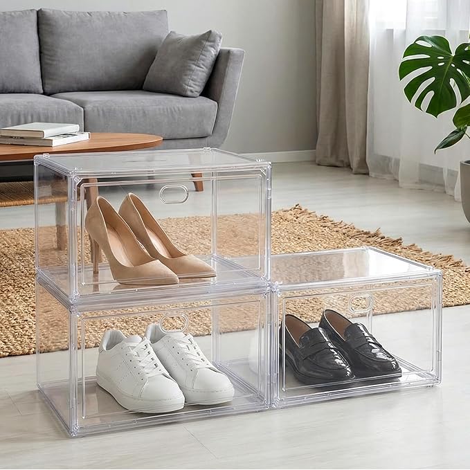 3-Pack Clear Stackable Shoe Display Cases – Large Plastic Storage Bins with Magnetic Door for Size 14 Sneakers, Organizer for Handbags, Collectibles & Closet
