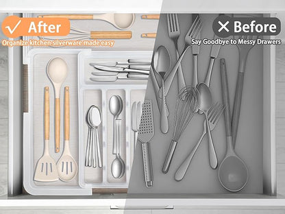 Spaclear Large Silverware Drawer Organizer Expandable Kitchen Utensil Organizer BPA Free Flatware Cutlery Holder Tray Adjustable Plastic Drawer Divider Storage for Forks Knives 6-9 Slots White