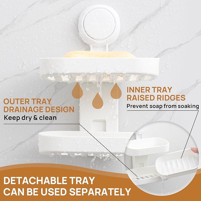 LEVERLOC Soap Dish Holder for Shower, Double Layer Suction Cup Wall Mounte Self Draining Removable Waterproof Strong Suction Bar Soap Holder for Shower, White