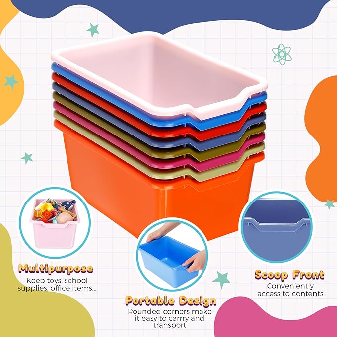 Dandat 16 Pcs Plastic Book Bins for Classroom Library Cubby Bins Scoop Front Stackable Toy Storage Tubs Containers for School Office Home Nursery Playroom Organization (Vintage Color)