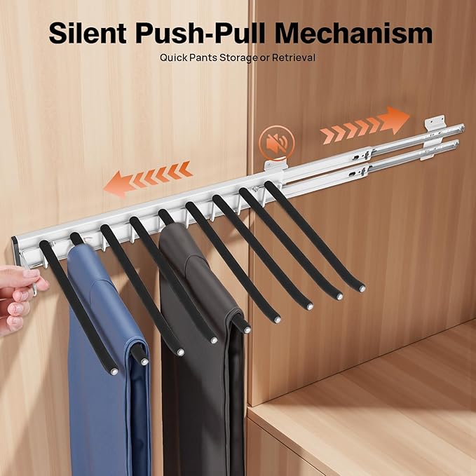 Pull Out Trousers Rack 9 Arms Closet Pants Hanger Bar Stainless Steel Rail Extendable Trousers Hanger for Clothes Towel Scarf Tie, 18.11x12.83in (Left Installation)