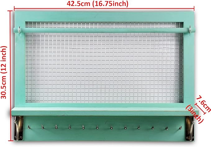 Jewelry Organizer, Wall Mount Jewelry Holder Rack with Hooks Shelf and Removable Rod Hanging Display Earrings Necklaces Bracelets Rings Storage Accessories Wood in Shabby Chic Turquoise