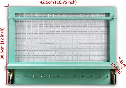 Jewelry Organizer, Wall Mount Jewelry Holder Rack with Hooks Shelf and Removable Rod Hanging Display Earrings Necklaces Bracelets Rings Storage Accessories Wood in Shabby Chic Turquoise