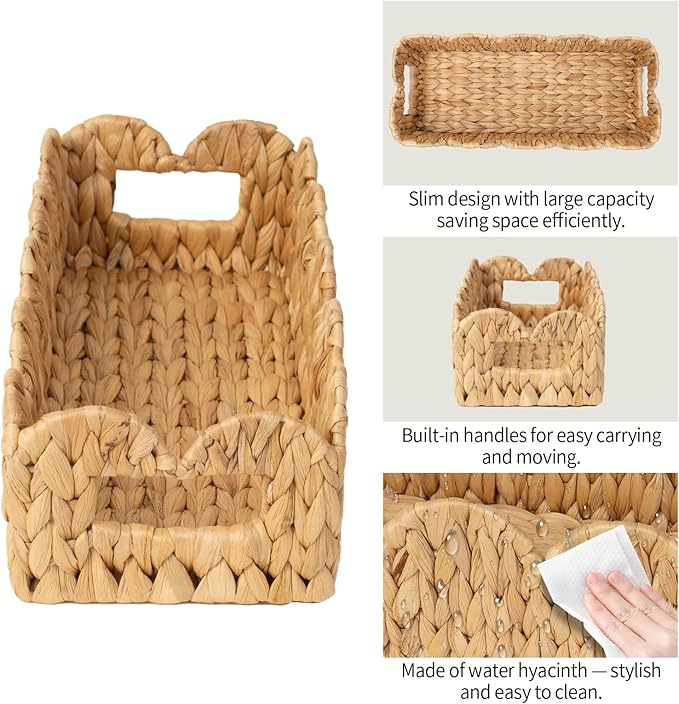 Coeusy 2 Pack Toilet Baskets,Scalloped Edge Wicker Basket for Toilet Paper Storage,Small Baskets for Bathroom,Living Room,Countertop, Shelves,Both Organizer&Decor,Natural Water Hyacinth