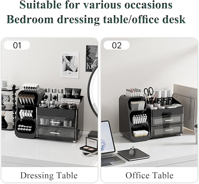 Makeup Organizer for Vanity with Brush Holder, Countertop Organizer with 2 Drawers,Spacious Cosmetic Display Case,Skincare Organizers and Cosmetic Storage for Dresser