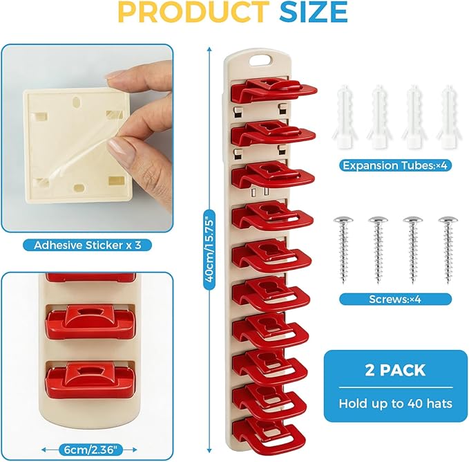 Hat Organizer for Baseball Caps 2 Pack, Detachable Hat Rack for Wall Hold up to 40 Hats, Dual Mounting Ways Universal Hat Holder for Closet, Door, Wall, Red