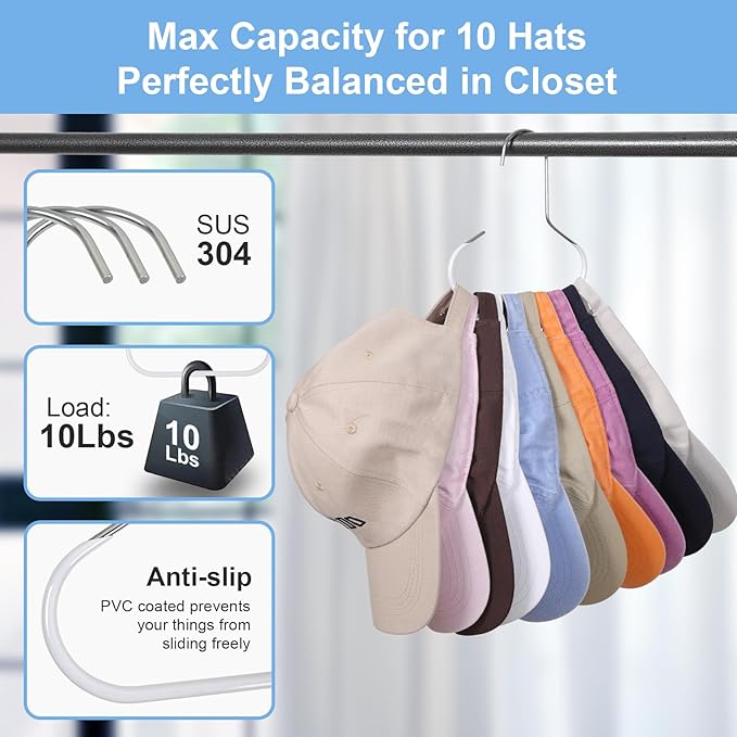 Hat Racks for Closet 8 packs Baseball Hat Organizer Cap Hanger Hat Holder for Closet for Hat, Tie, Bra, Belt, Tank Top, Scarf