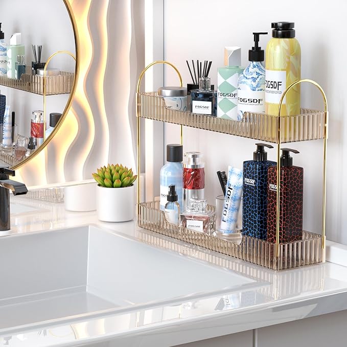 GTI Narrow Bathroom Organizers and Storage, 2 Tier Rectangle Makeup Counter Organizer, Perfume Cosmetics Skincare Vanity Organizers, Dresser Countertop Organizer for Women (Gold)