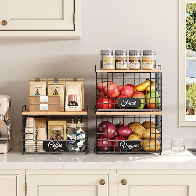 keomaisyto Pantry Organizers and Storage, 2 Set XXL Stackable Wire Baskets with Wooden Tops & Tags, Kitchen Counter Organizers Bins for Potato, Onion, Produce, Fruit, Vegetable
