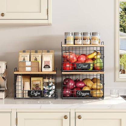 keomaisyto Pantry Organizers and Storage, 2 Set XXL Stackable Wire Baskets with Wooden Tops & Tags, Kitchen Counter Organizers Bins for Potato, Onion, Produce, Fruit, Vegetable