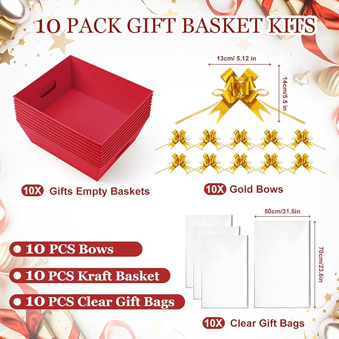AFOROEOA 10PACK Baskets For Gifts Empty, 10 x 8”Thick Red Gift Basket with 10 Clear Gift Bags and 10 Pull Bows, Empty Gift Baskets for Christmas, Thanksgiving Wedding Birthday Party Wrapping Gift