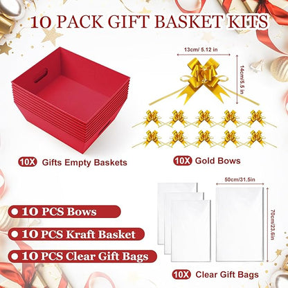 AFOROEOA 10PACK Baskets For Gifts Empty, 10 x 8”Thick Red Gift Basket with 10 Clear Gift Bags and 10 Pull Bows, Empty Gift Baskets for Christmas, Thanksgiving Wedding Birthday Party Wrapping Gift