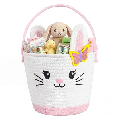 Small Woven Storage Basket with Handle, Cute Bunny Baskets for Gift Empty, Cotton Rope Storage Basket for Toy Organizer