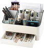 KINGFOM PU Leather Makeup Organizer with Drawer, Skincare Organizer for Vanity, Cosmetic Storage for Dresser Countertop, Beauty Holder for Lipstick Brush Skincare (Ivory White)