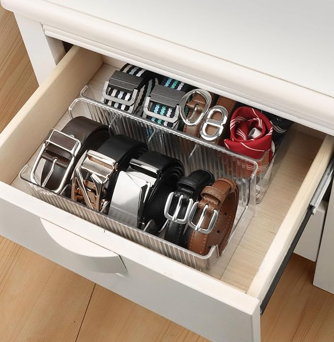 Acrylic Belt Organizer with Adjustable 4 Compartments & Stackable Design, Clear Storage for Closet and Drawer Organization