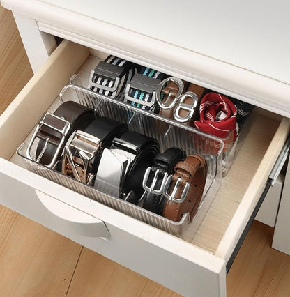 Acrylic Belt Organizer with Adjustable 4 Compartments & Stackable Design, Clear Storage for Closet and Drawer Organization