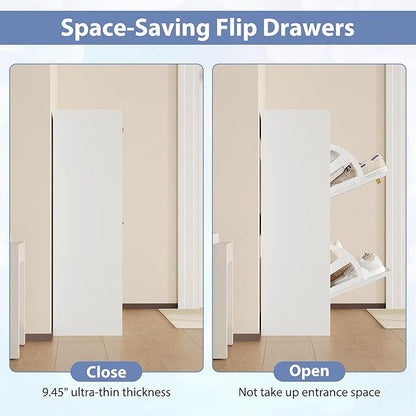 Shoe Cabinet with 2 Flip Drawers, White Shoe Cabinet Storage for Entryway, Modern Shoe Organizer Wood, Freestanding Small Thin Shoe Racks with Doors, White