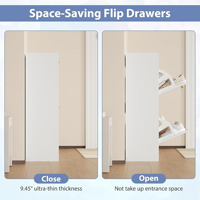 Shoe Cabinet Storage for Entryway, White Shoe Organizer with 2 Flip Drawers & Open Shelf, Freestanding Hidden Large Shoe Storage Cabinet (1pc-White, 2 Flip Drawers)