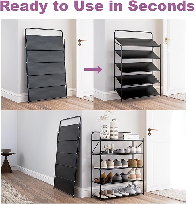5 Tier No-Assembly Shoe Rack, Foldable Shoes Rack Organizer Without Installation, Portable Solid Metal Shoe Shelves for Closet, Entryway, Front Door Entrance