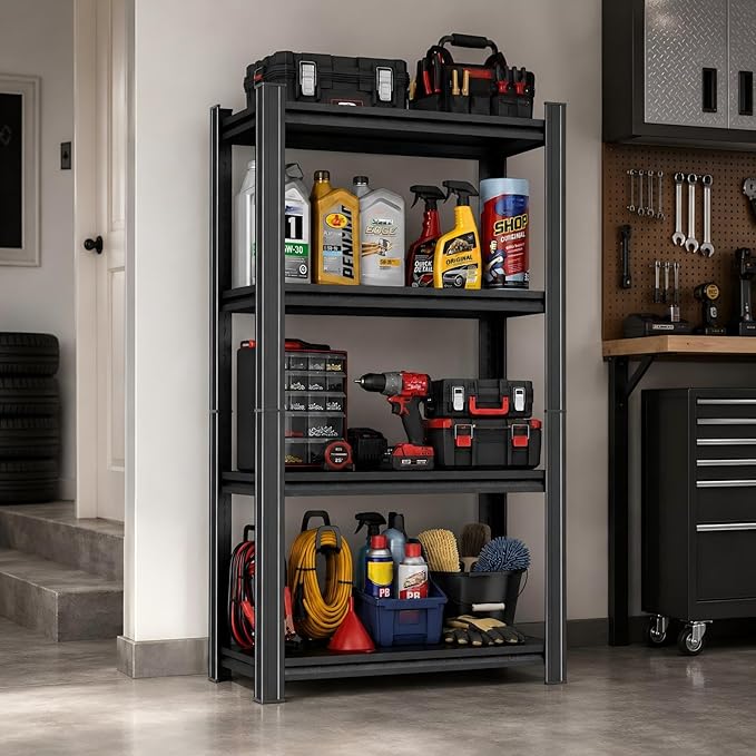 24 Inch Wide Heavy Duty Garage Shelving Unit, 4-Tier Metal Storage Shelves, Adjustable Upgraded Reinforced Double-Layer Columns for Space-Saving, Easy Assembly, Black (24''W x 12''D x 53''H)