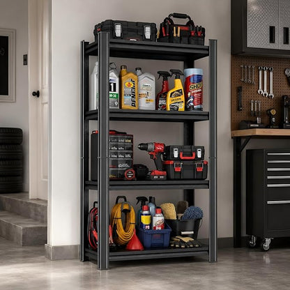 24 Inch Wide Heavy Duty Garage Shelving Unit, 4-Tier Metal Storage Shelves, Adjustable Upgraded Reinforced Double-Layer Columns for Space-Saving, Easy Assembly, Black (24''W x 12''D x 53''H)