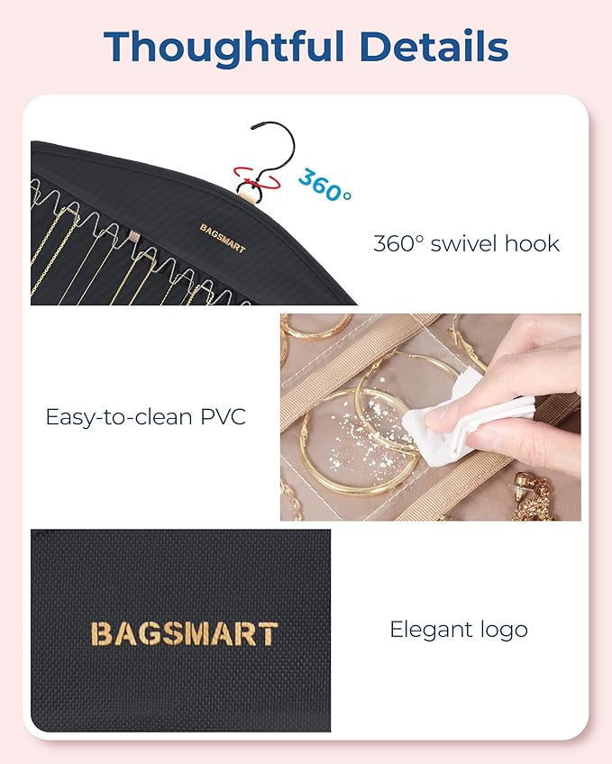 BAGSMART Hanging Jewelry Organizer with Hanger Metal Hooks Double-Sided Jewelry Holder for Organizing Earrings Necklaces Rings Perfect for in Hanging Closet, Wall, Door, 1 Piece, M, Black